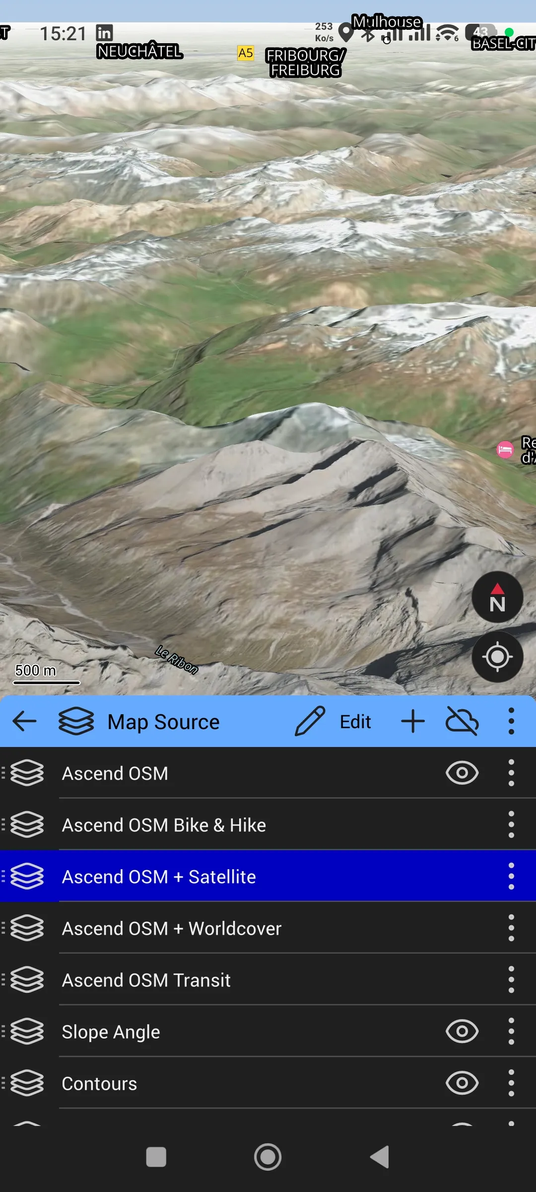 Vue 3D des Alpes depuis Ascend Maps, sommets enneigés et chaîne montagneuse panoramique