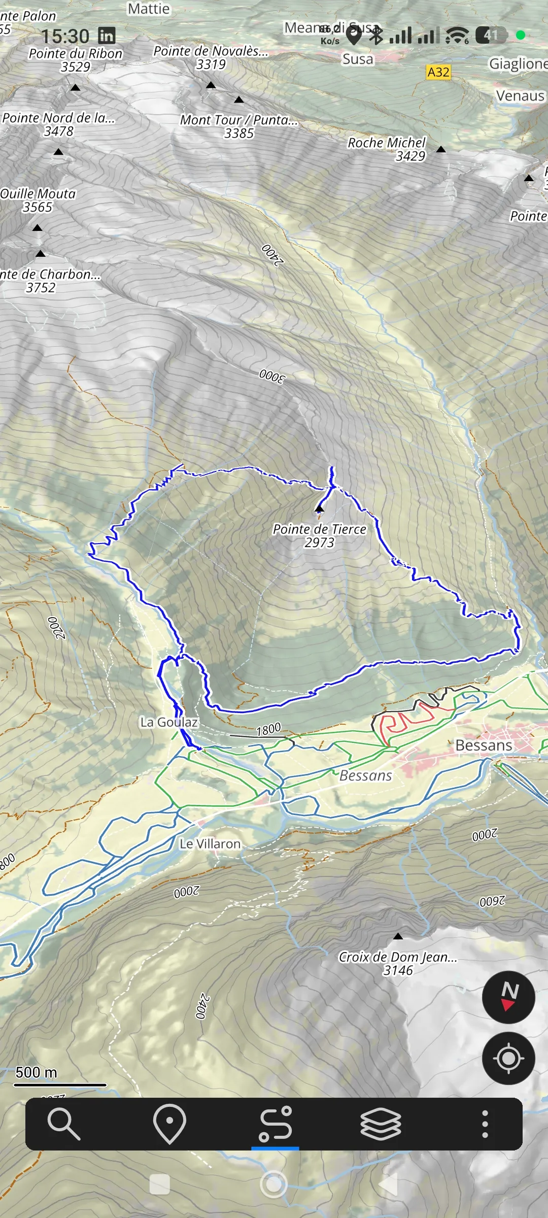 Résultat final : vue 3D de la Pointe de Tierce dans Ascend Maps avec couches activées