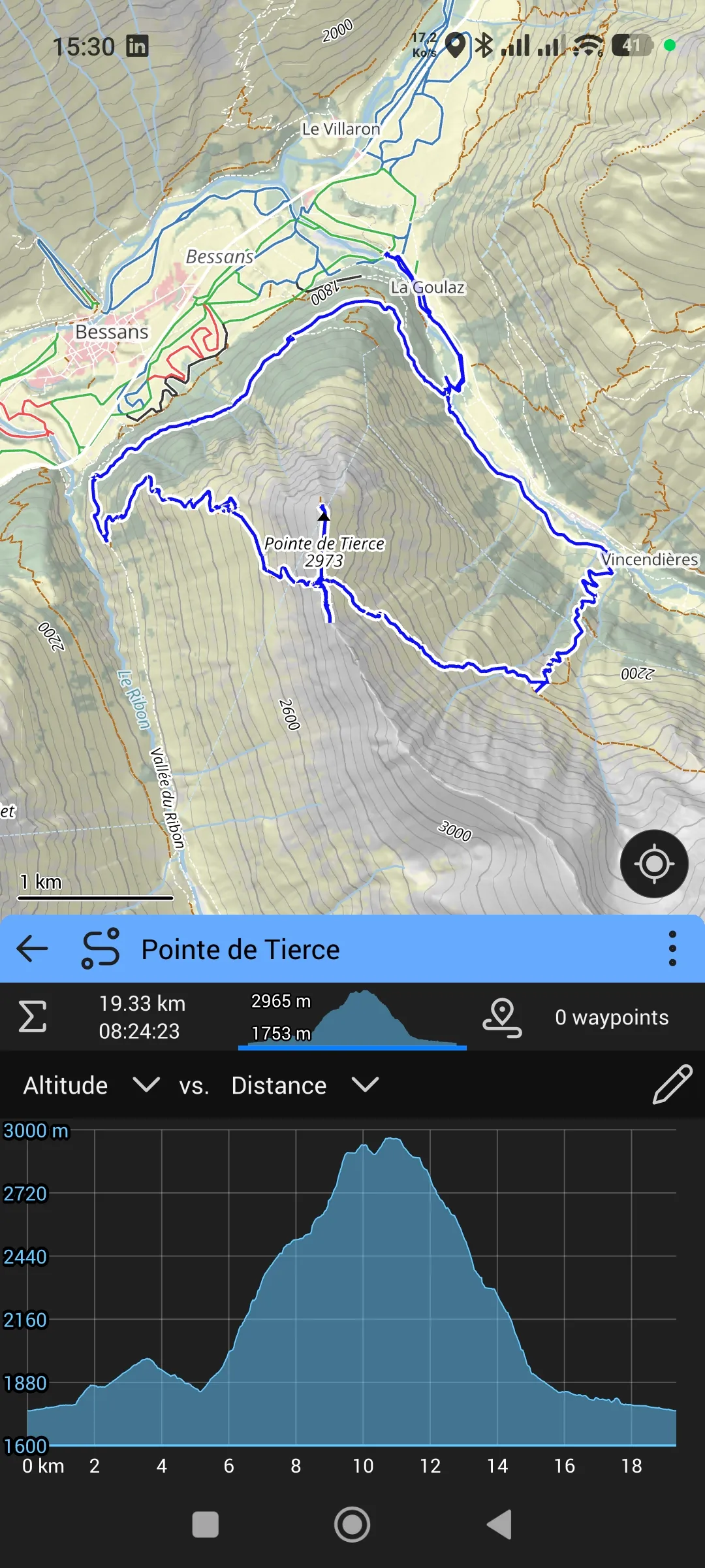 Profil altitude / distance de la Pointe de Tierce dans Ascend Maps : 19,33 km, 2965 m de point haut, 1753 m de dénivelé