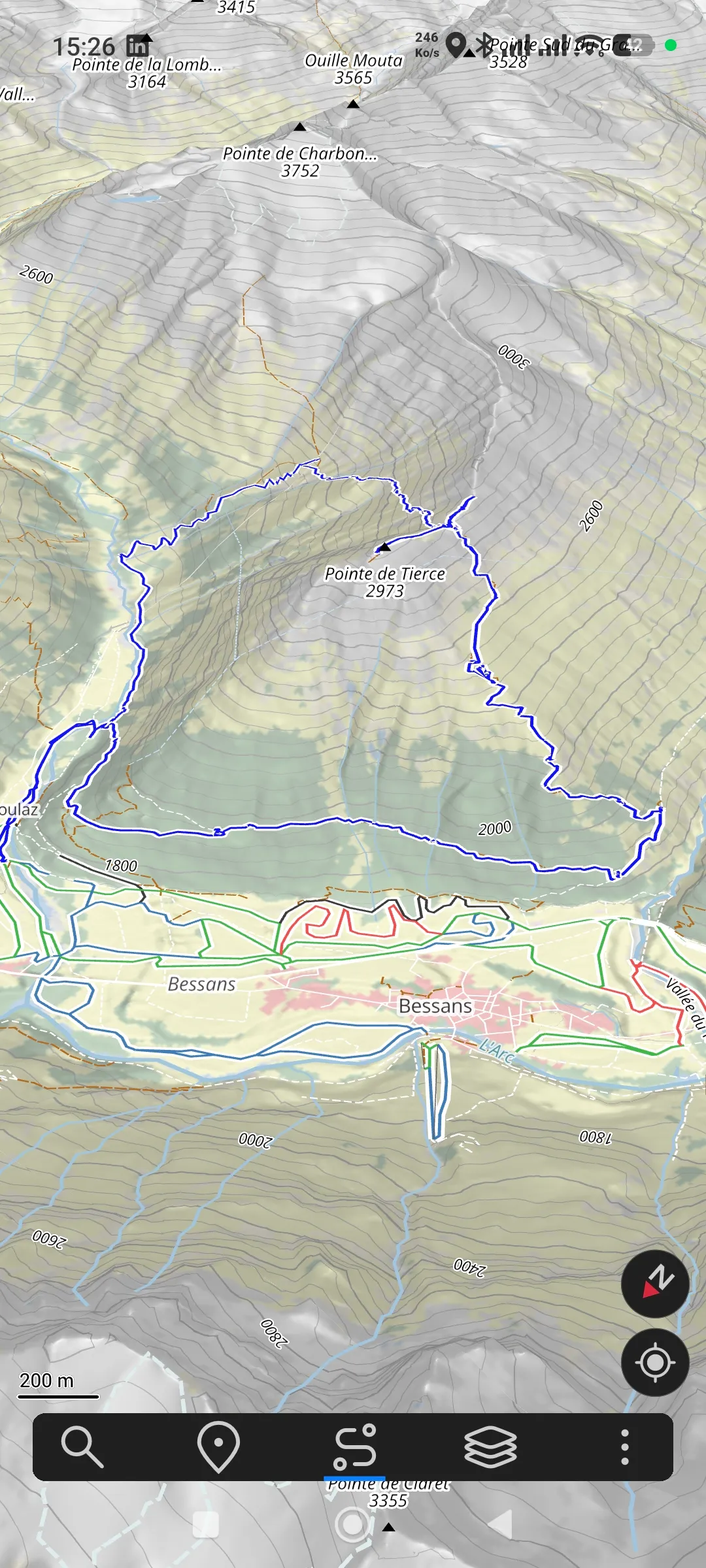 Trace bleue de la Pointe de Tierce dans Ascend Maps avec hillshading 2D et courbes de niveau détaillées
