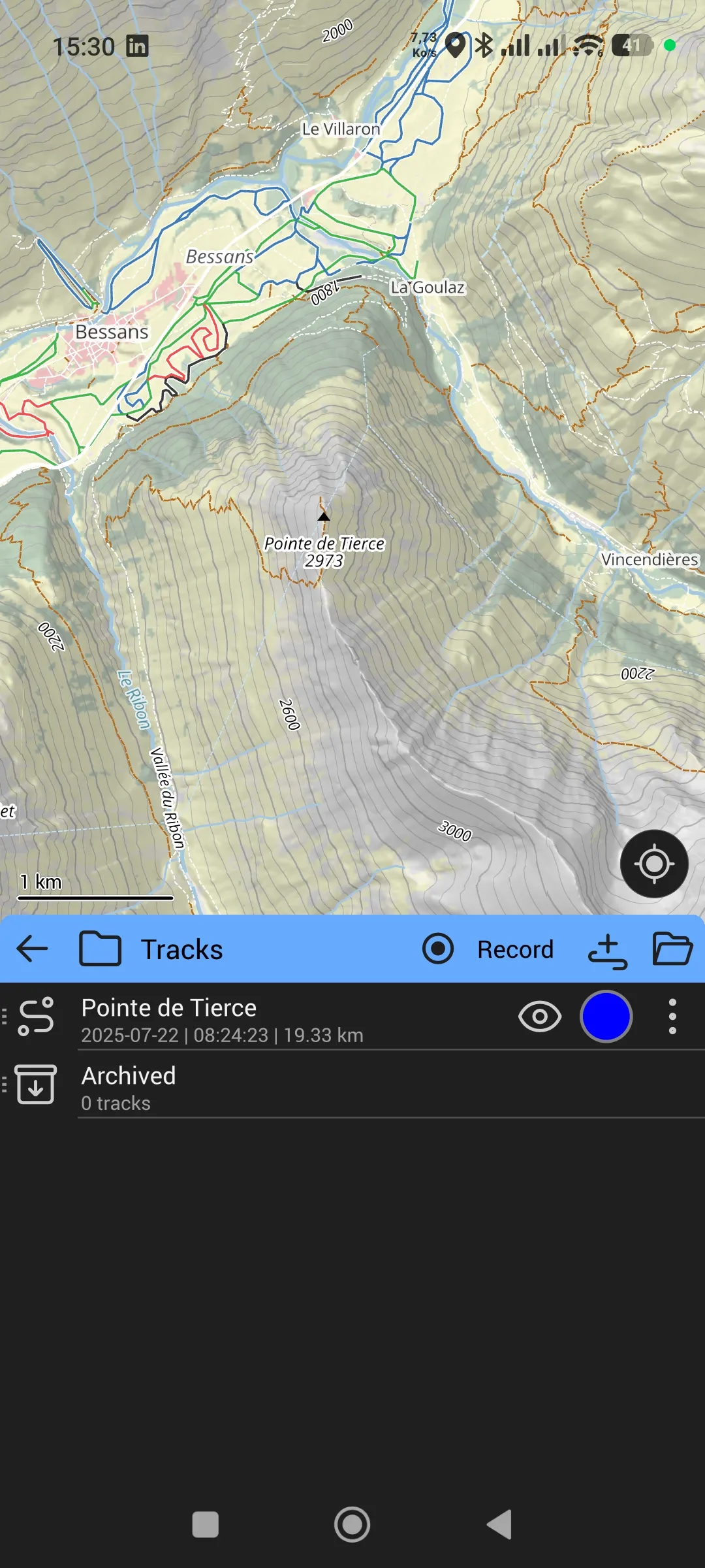 Vue carte avec liste Tracks dans Ascend Maps après import d'un GPX