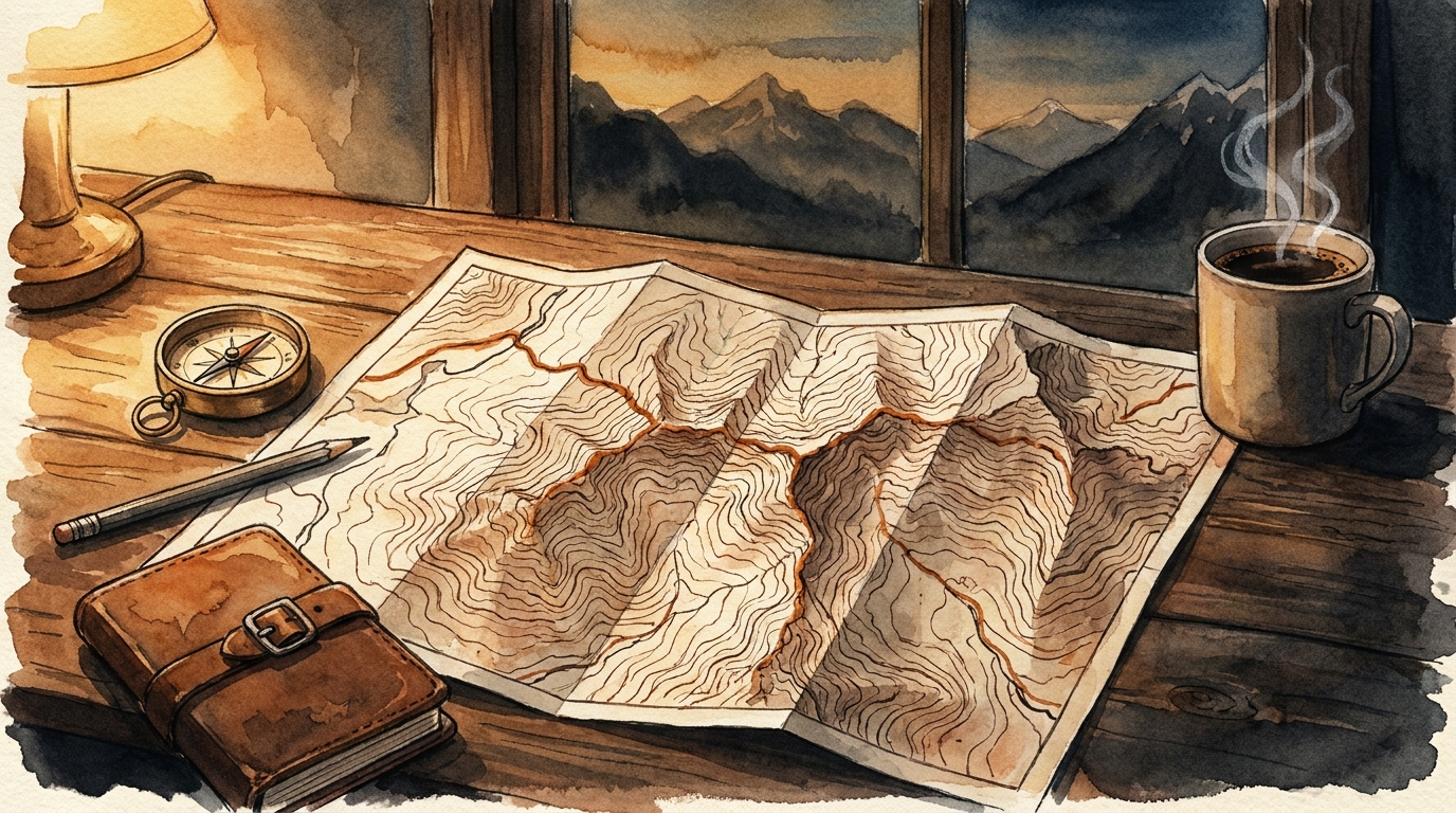 Carte topographique alpine dépliée sur un bureau en bois au crépuscule, avec compas, crayon, carnet de cuir et tasse de café fumante